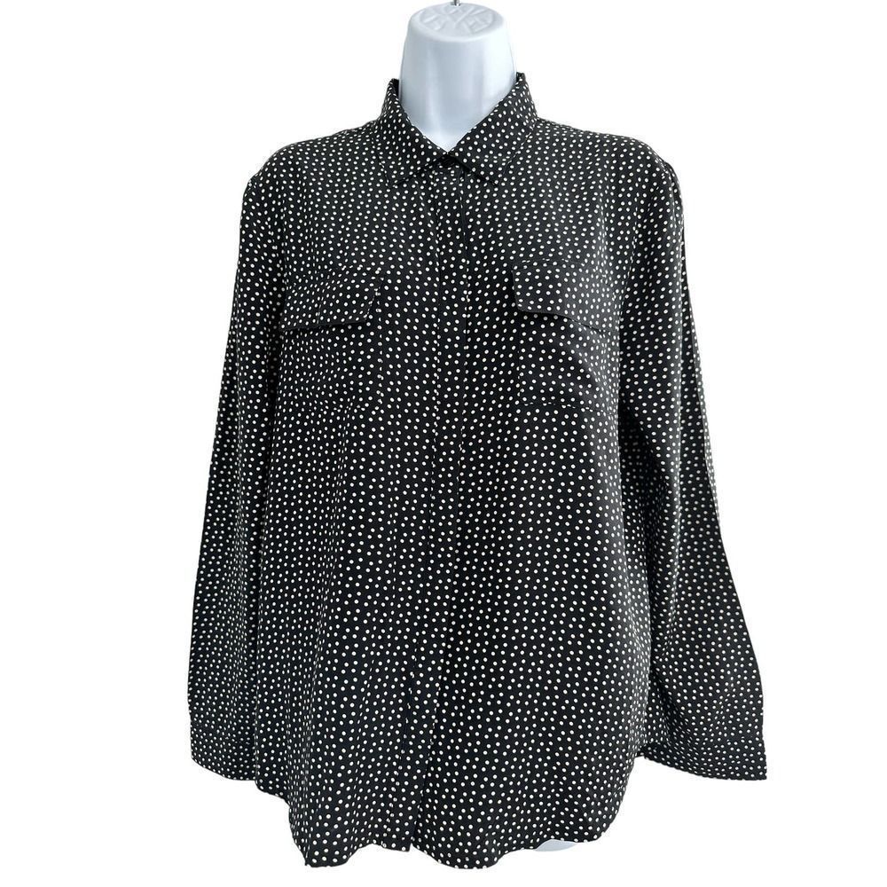 Garnet Hill Black/White Polka Dot Silk Button Down Shirt Size 8